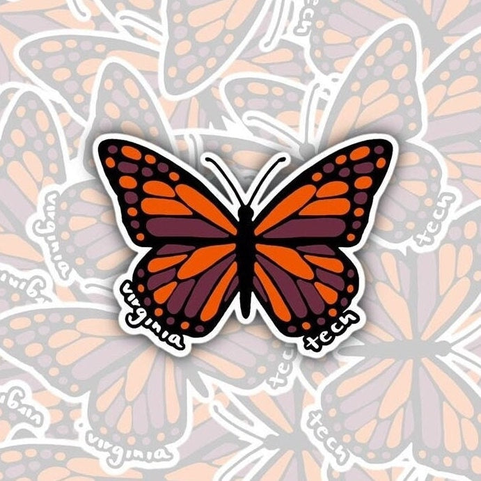 Virginia Tech Butterfly Sticker, College Gift, Laptop, Water Bottle, Notebook Sticker Decal