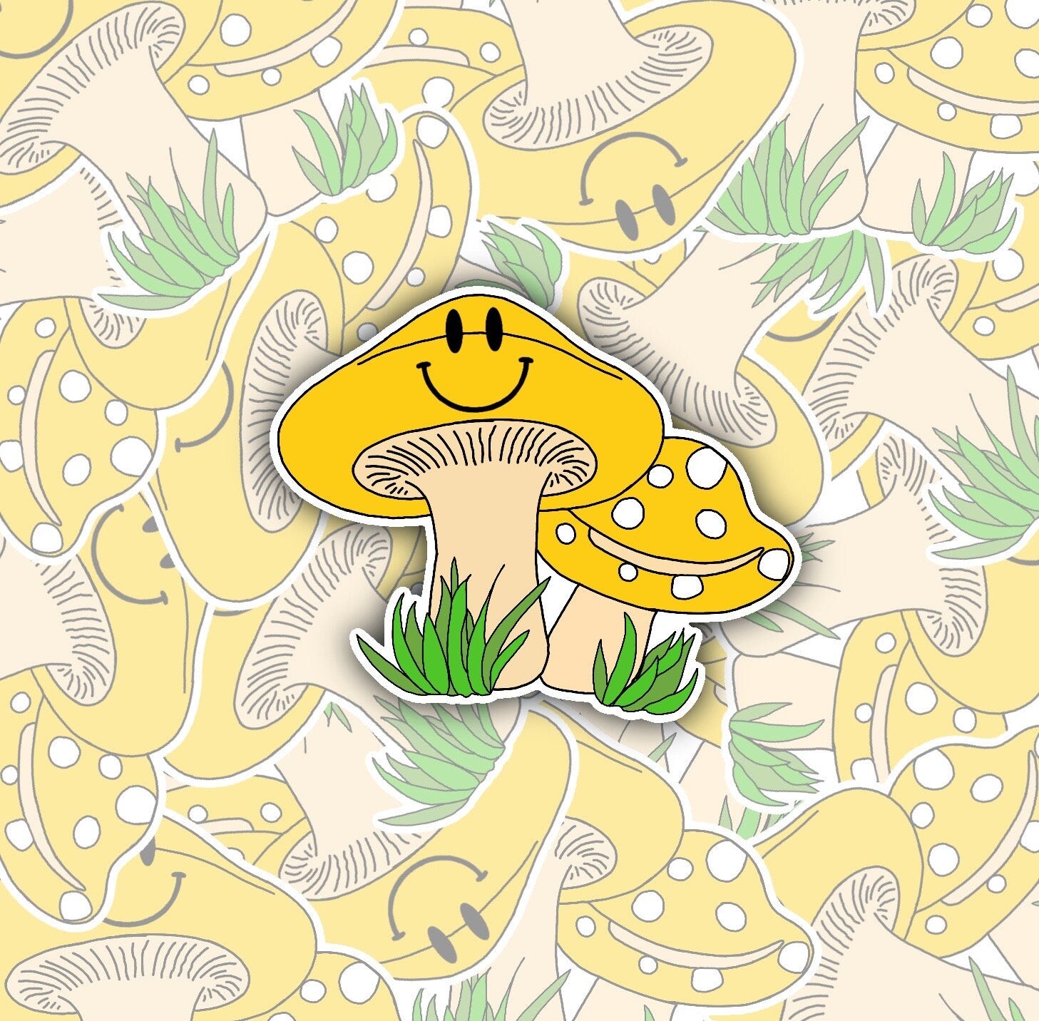 Groovy Yellow Smiley Face Mushroom Sticker Decal, Perfect for Laptops, Notebooks, Water Bottles, Tablets, Phones